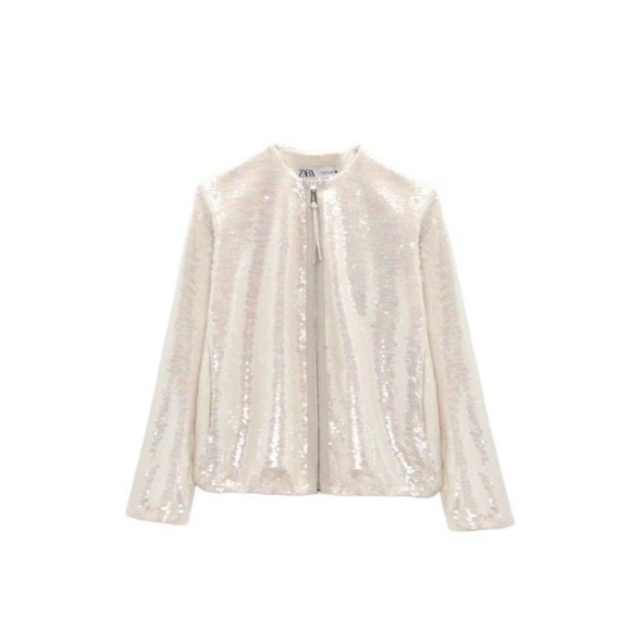Zara Sequined Bomber Jacket In Beige Size Small - Picture 7 of 15